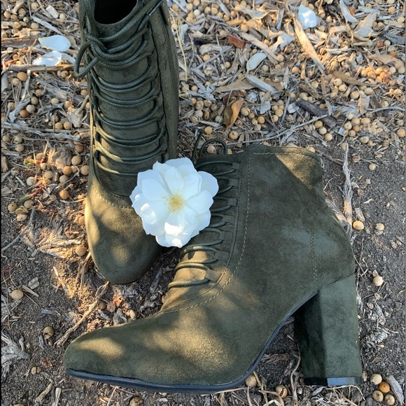 Olive Faux Suede Ankle Booties - Picture 5 of 6